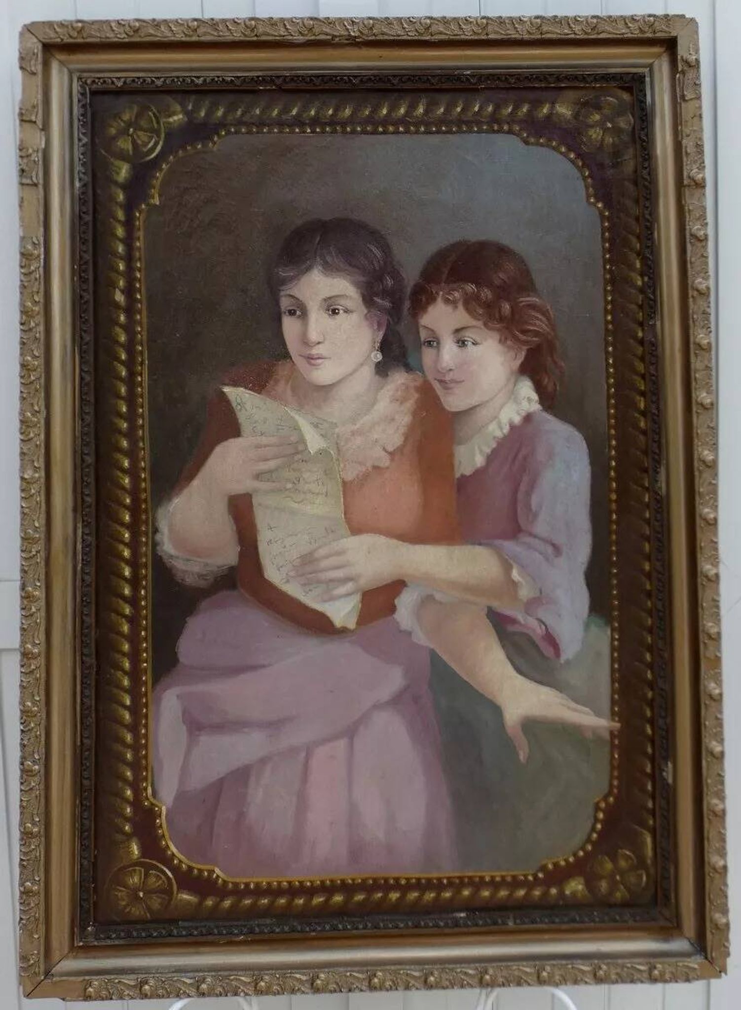 Antique English Painting of a Young Woman Reading