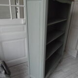 Louis XV style bookcase, green gray with 3 adjustable shelves, wooden tray.