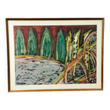 Tableau abstrait règle 1965 cadre papier technique mixte