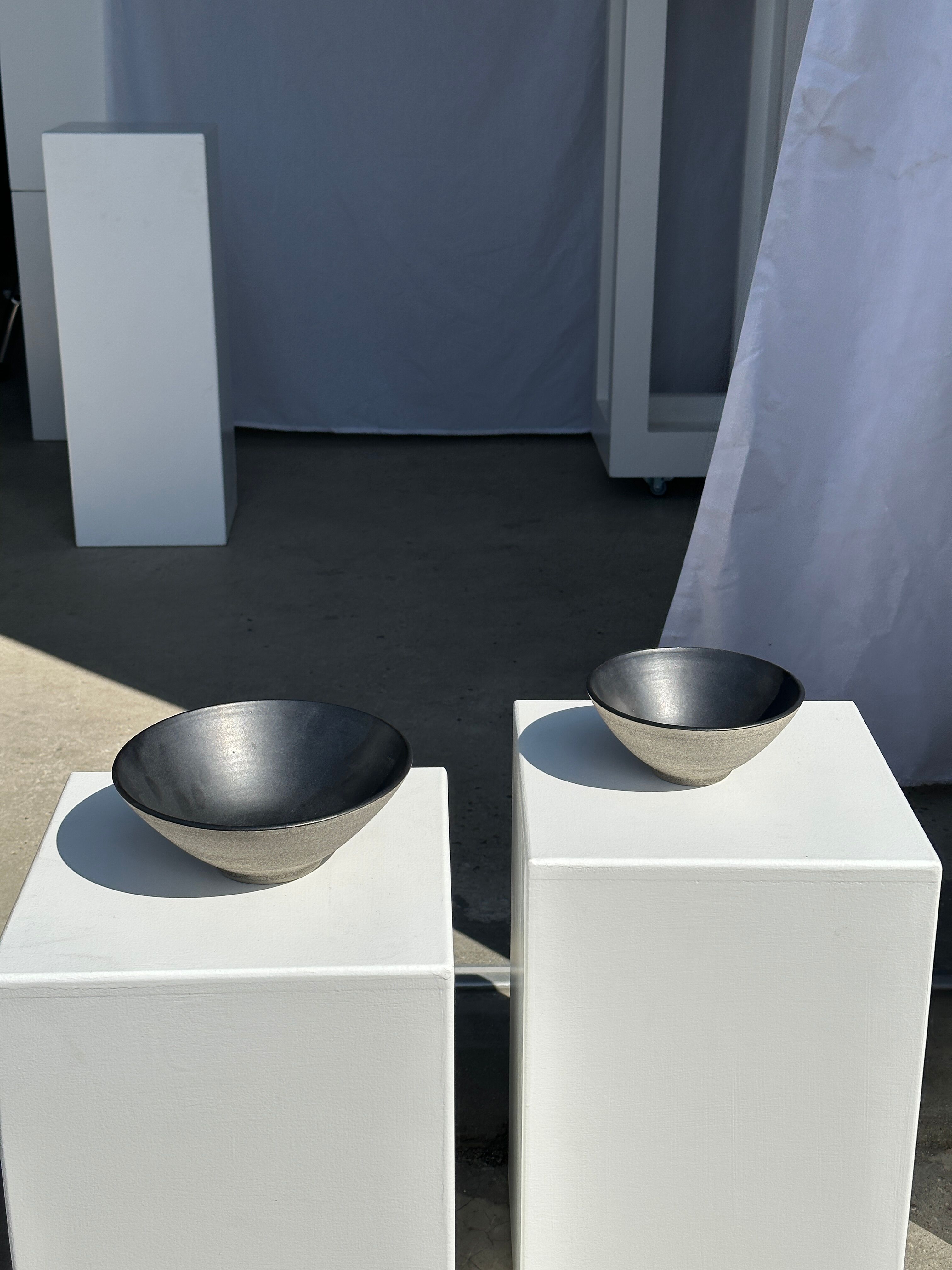 Duo of gray Indonesian ceramic bowls or salad bowls