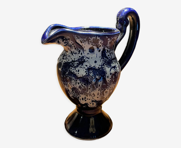 Verseuse carafe de Vallauris en céramique bleu et motifs blancs