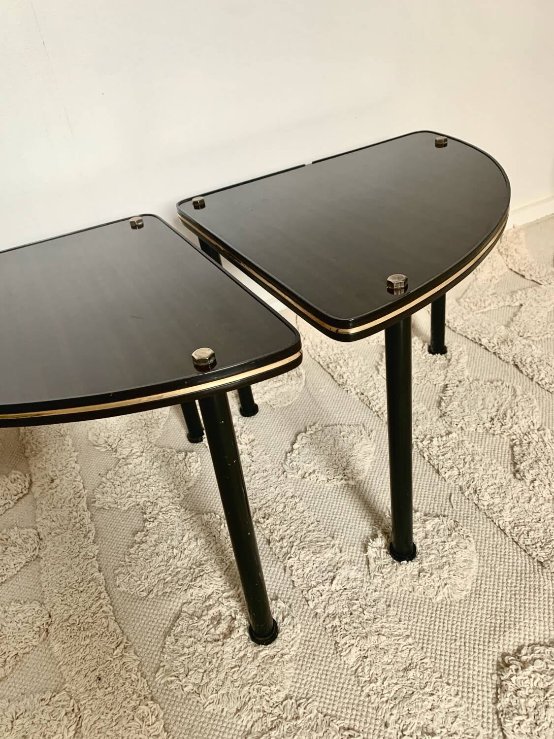 Pair of vintage 1960s side tables – wood veneer & brass, metal legs