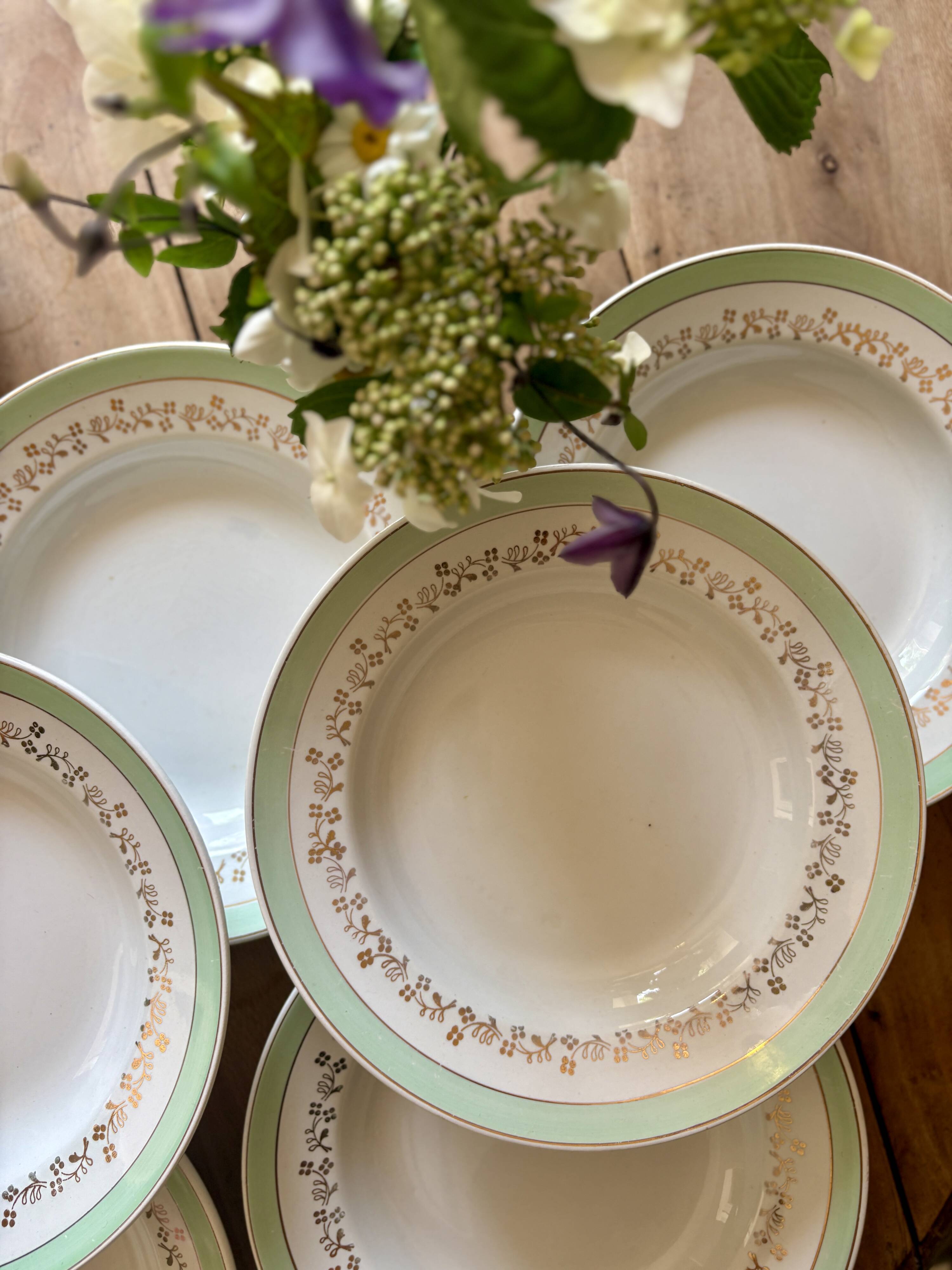 Set of 12 white, mint and gold soup plates, Mosèle de Luné model