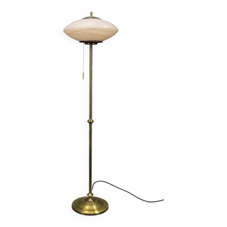 1940s Restored Brass Floor Lamp with  Glass Shade
