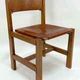 Set of 6 Maison Regain Chairs - Solid Elm and Fawn Leather - Circa 70