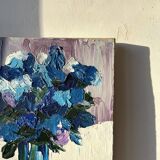 Contemporary still life with flowers, blue flowers, J. Heguy