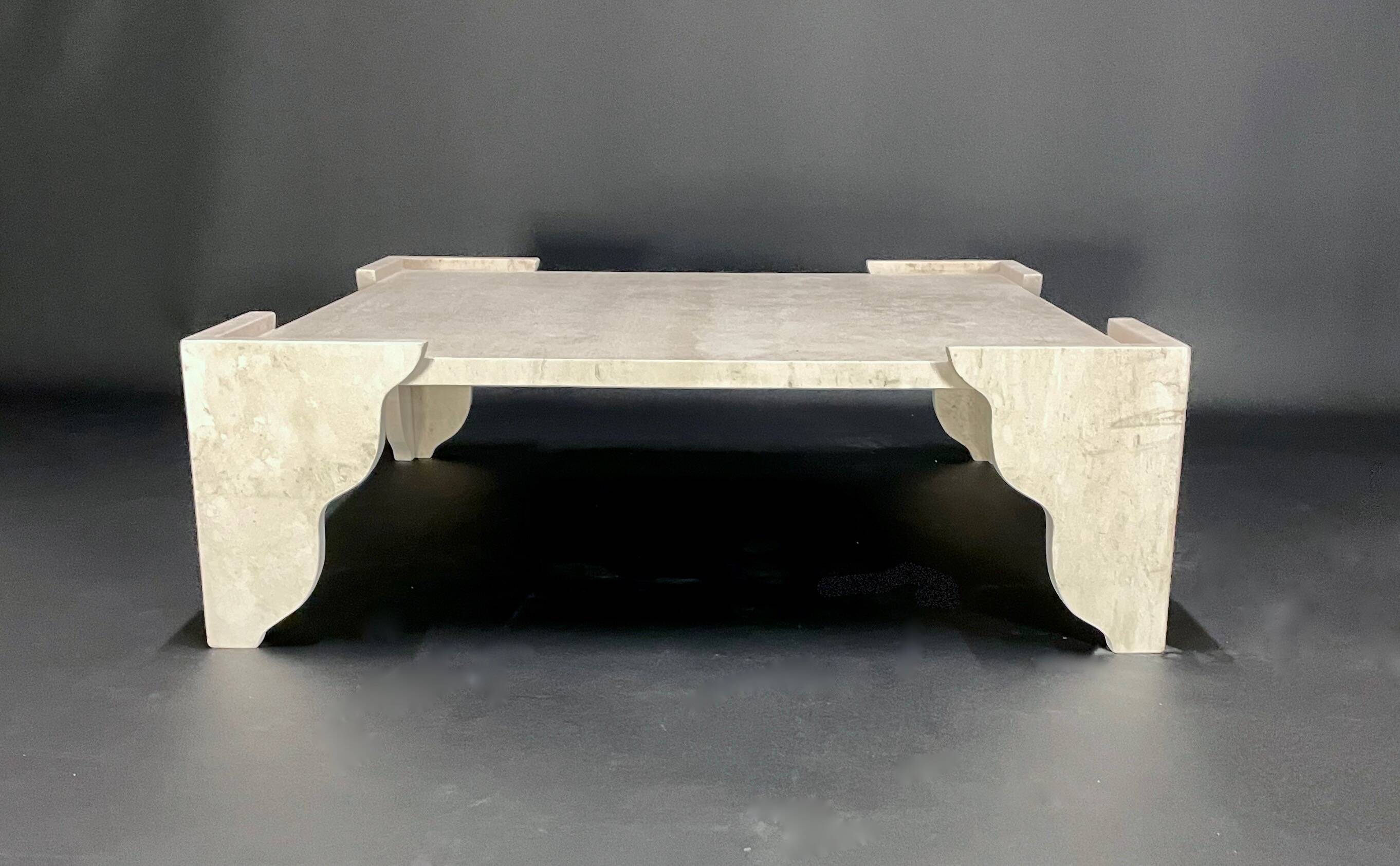 Large square travertine coffee table by Claude Berraldacci. 1990s. France.