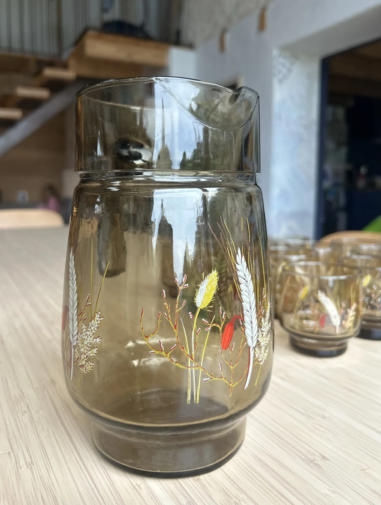 Large vintage orangeade service with smoky glass, country decor from the 70s - 14 pieces.