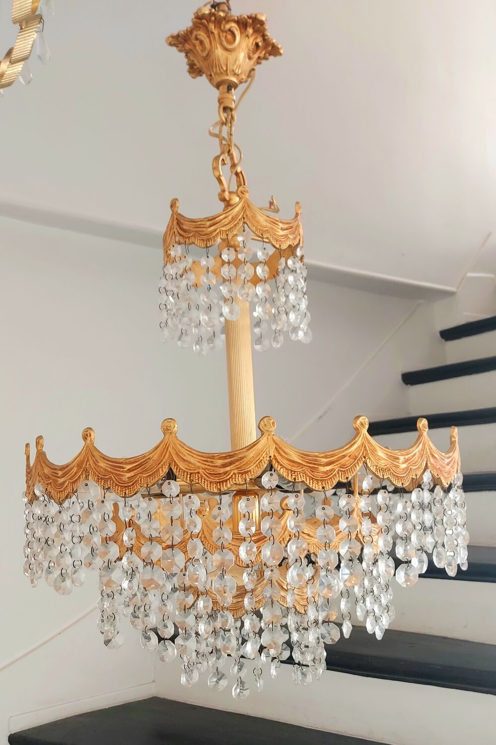 Post Art Deco 4-Tier Gold-Plated Brass & Crystal Chandelier – 1960s