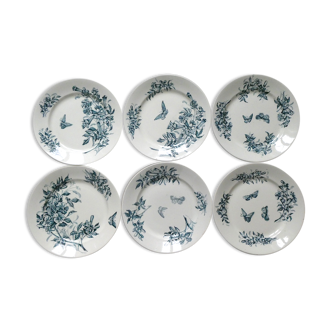 6 assiettes plates Badonviller, papillons et fleurs, 1900