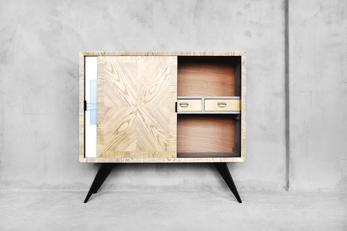 Mid-century Tall Vintage Ash Cabinet with Hand-painted Pattern, 1960s