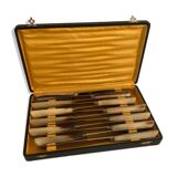 Complete set of 12 stainless steel table knives with Bakelite handles and Art Deco ferrules