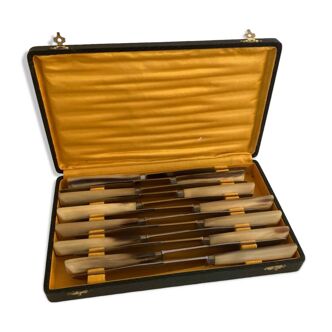 Complete set of 12 stainless steel table knives with Bakelite handles and Art Deco ferrules