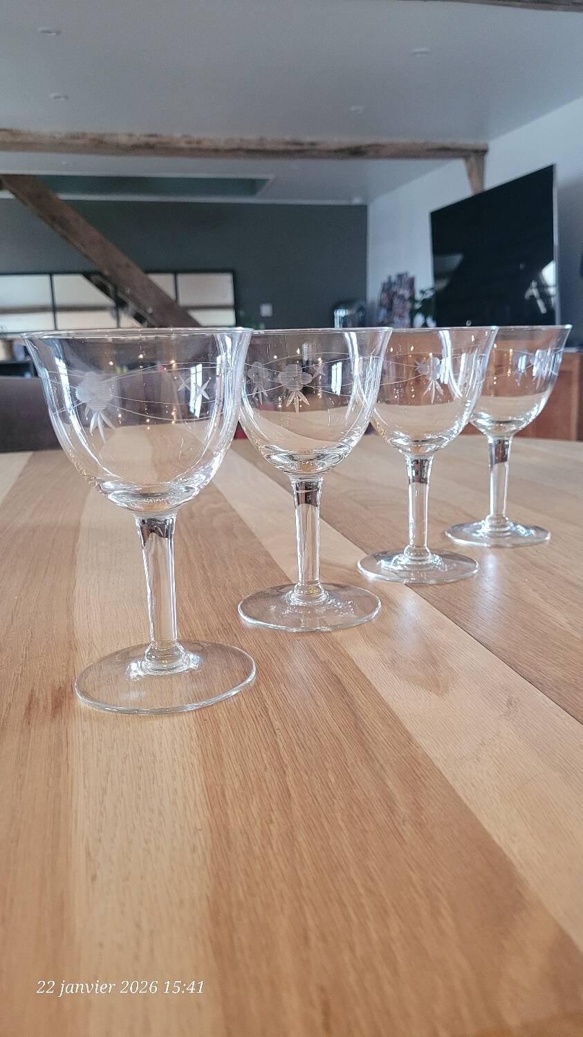4 antique engraved glass goblets