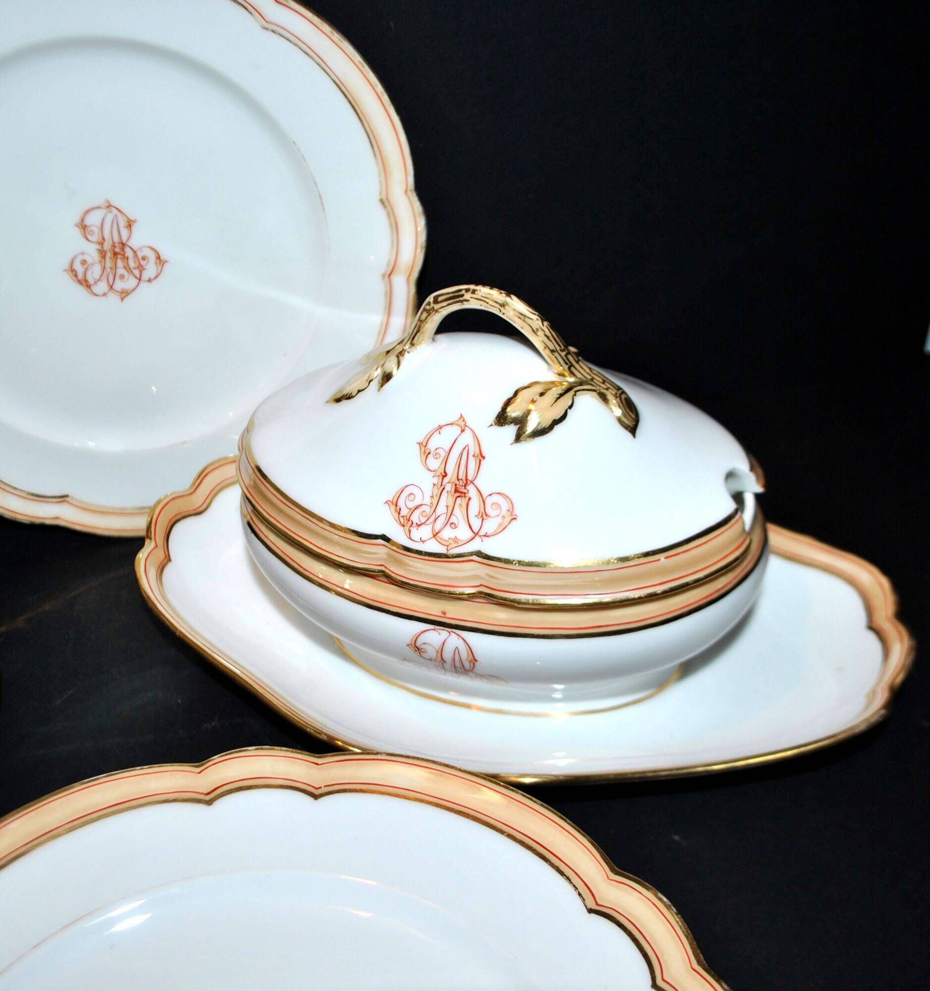 Paris porcelain set of 12 plates, dish and sauce boat, antique tableware with monogram BA.