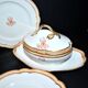 Paris porcelain set of 12 plates, dish and sauce boat, antique tableware with monogram BA.