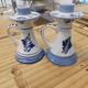 2 bougeoirs vintage en faïence bleue de Delft à anses - décor moulin