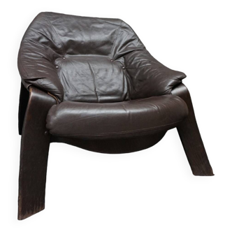 Brutalist brown Leather low Lounge Chair, Norway 1970s