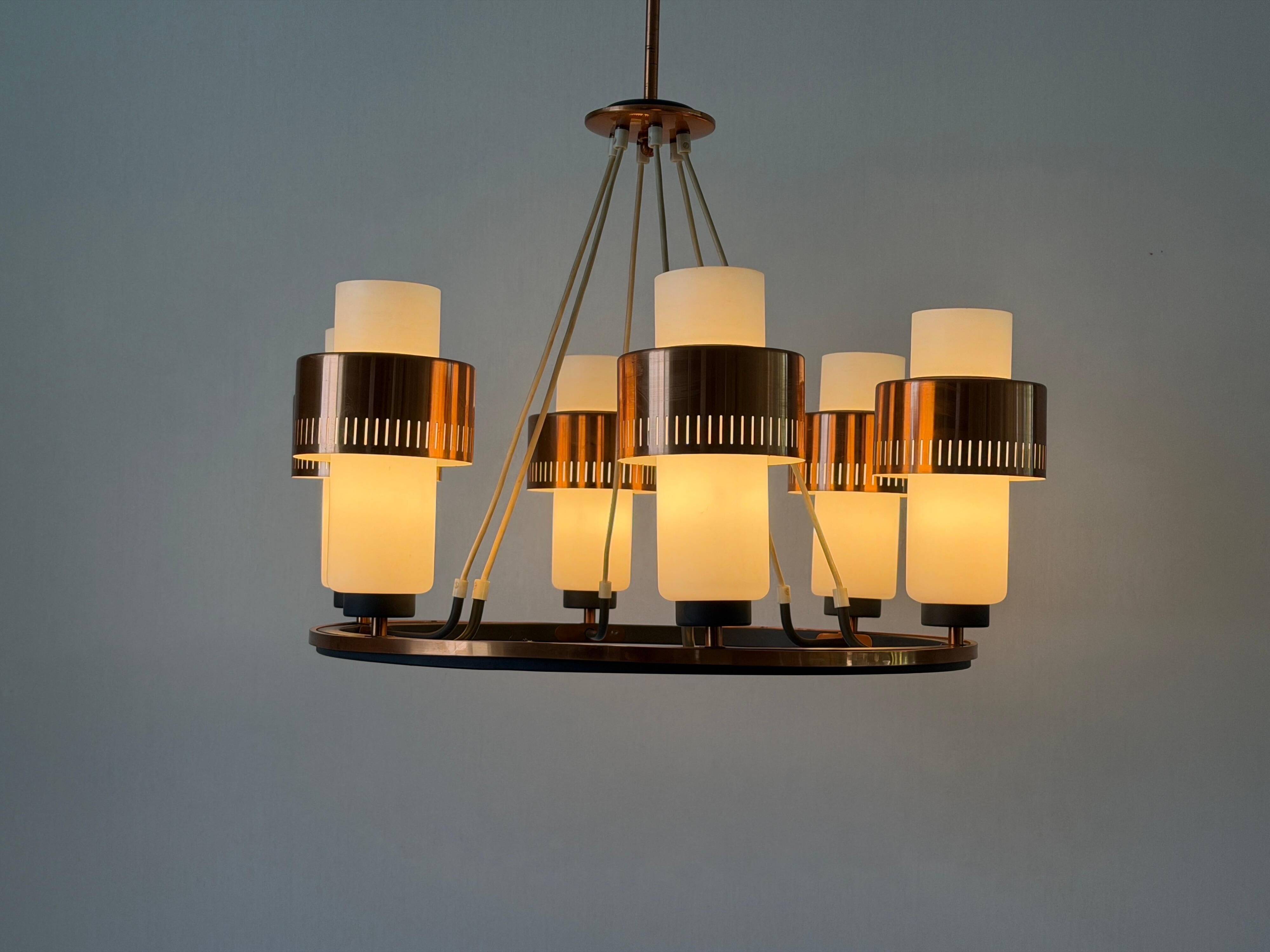 Large ceiling light with 6 arms in copper metal and glass, 1960s, Germany