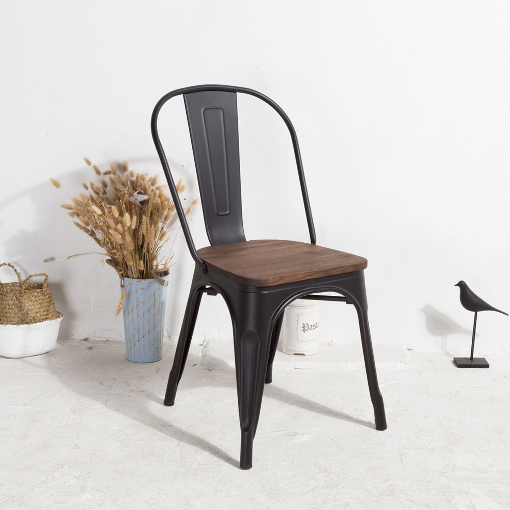 Industrial chair in matt black metal with dark natural wood seat