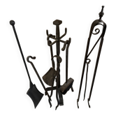 Complete fireplace tool set (10 pieces) in wrought iron