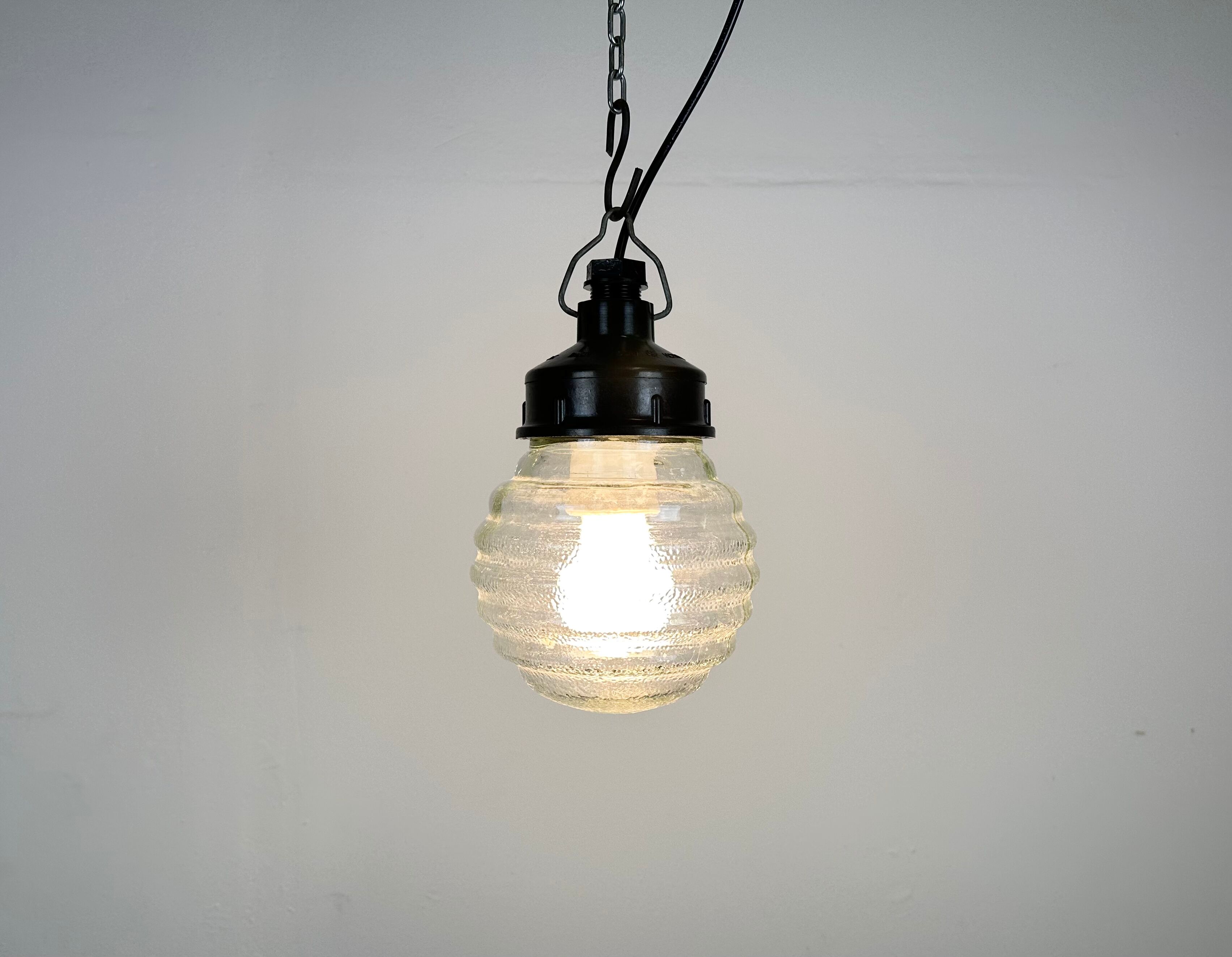 Industrial Bakelite Pendant Light with Ribbed Glass, 1970s