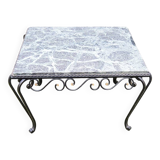 Table basse ancienne en fer forgé et marbre