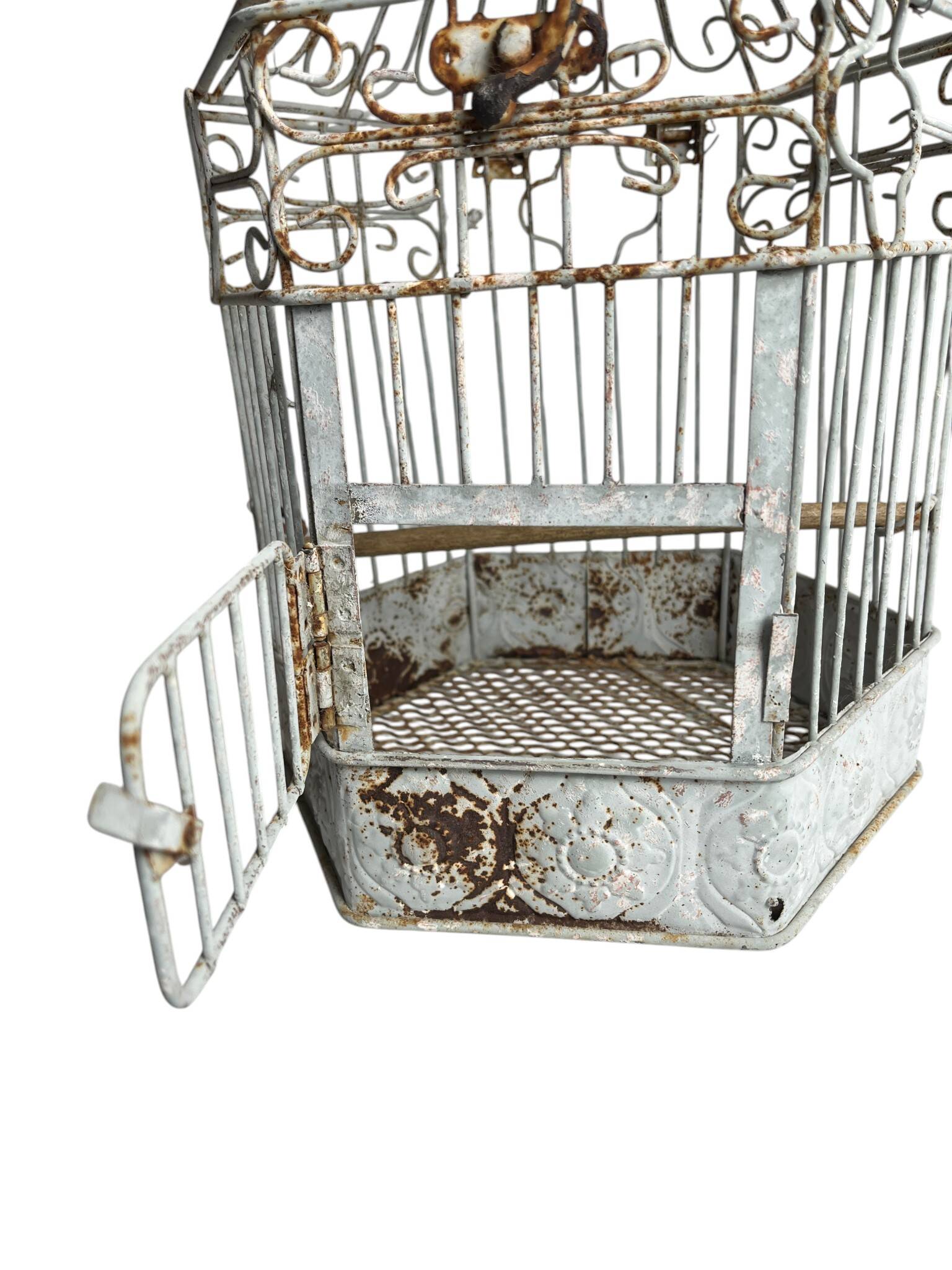 Vintage hexagonal metal birdcage from around 1940.