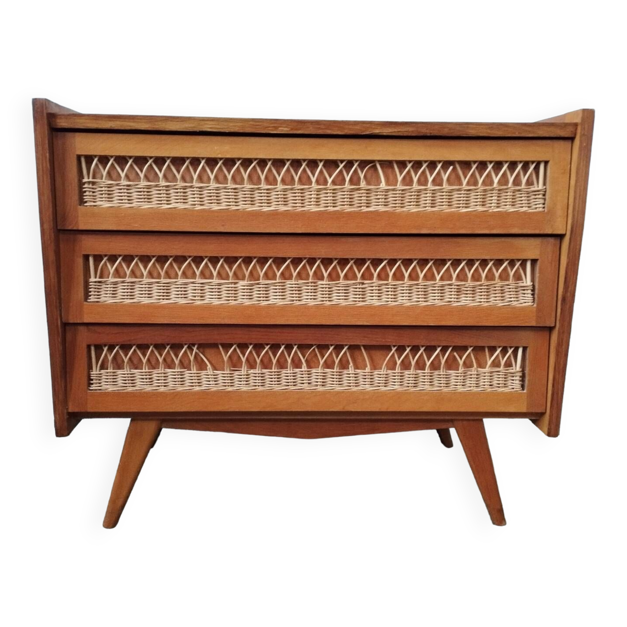 Vintage rattan chest of drawers with compass feet