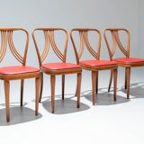 Set of 4 dining chairs in blond wood and faux leather red Italy 1950s