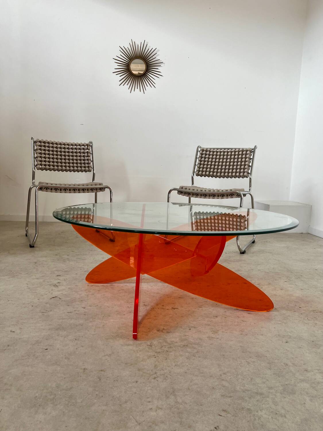 Geometric coffee table glass and orange plexi design 70s Space vintage age