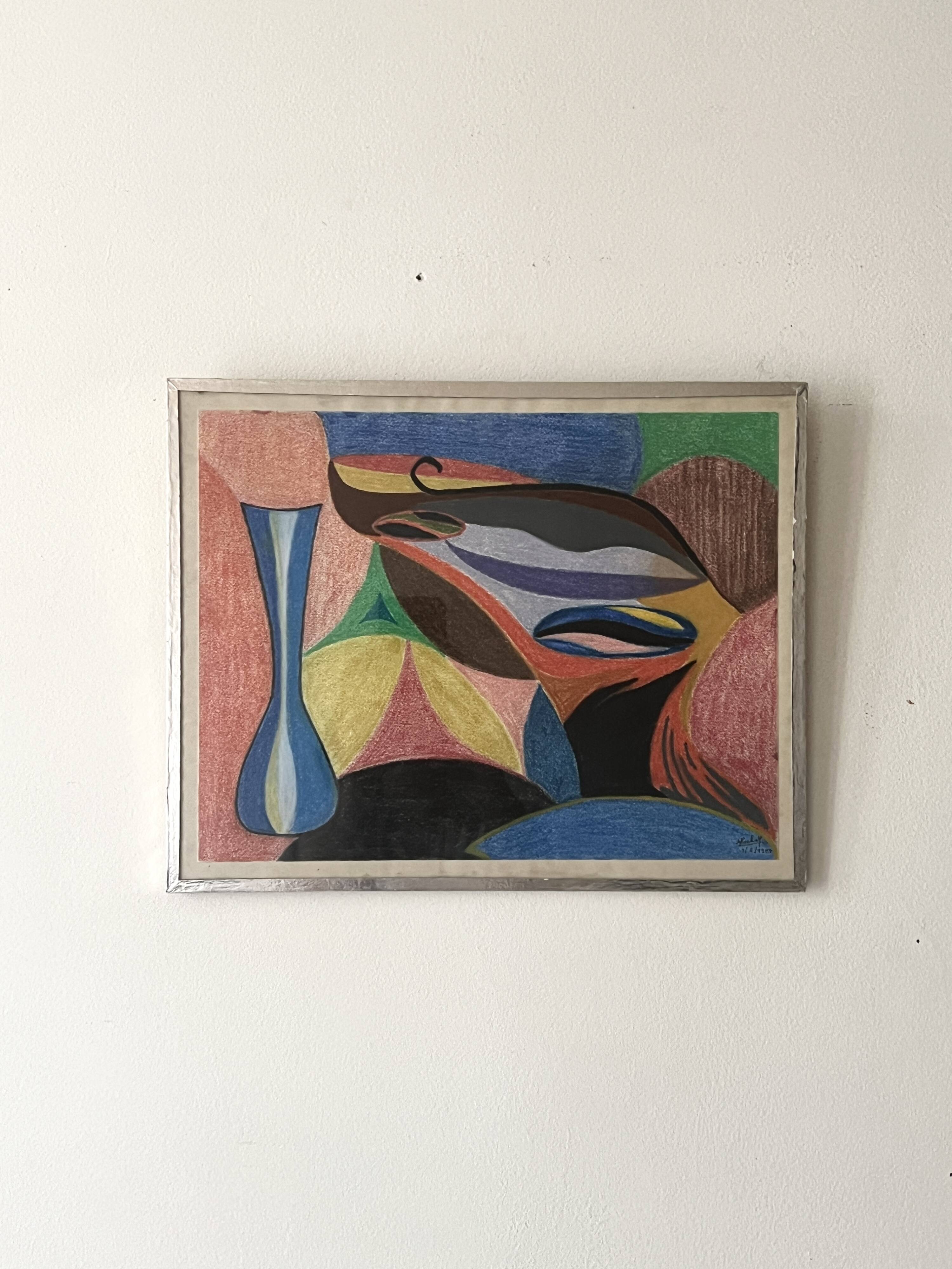 Vintage pastel cubist still life painting under glass and signed from 1967.