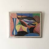 Vintage pastel cubist still life painting under glass and signed from 1967.