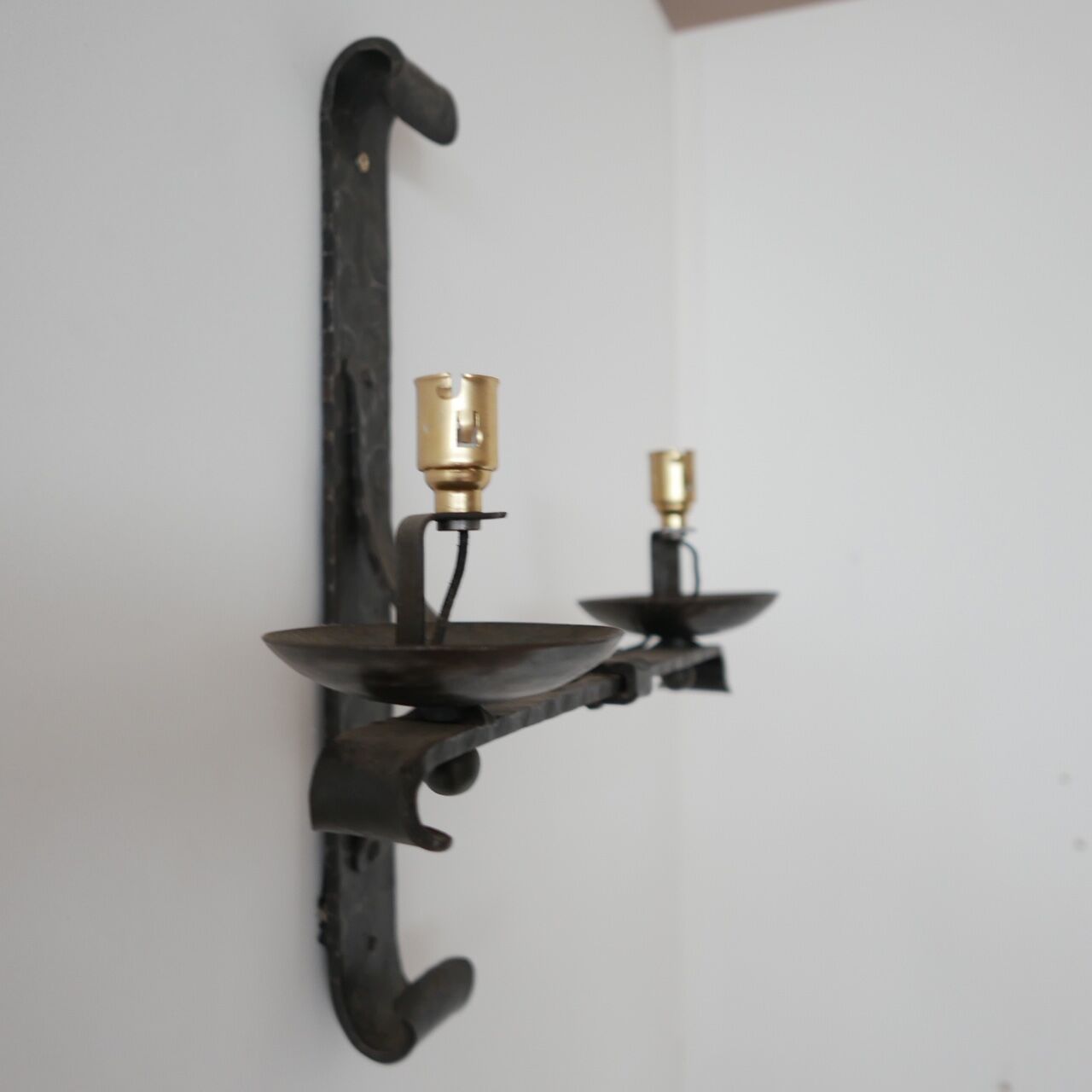 Brutalist iron mid-century french double arm wall light
