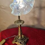 bronze art nouveau tulip lamp with translucent blue lace glass 39x25 cm