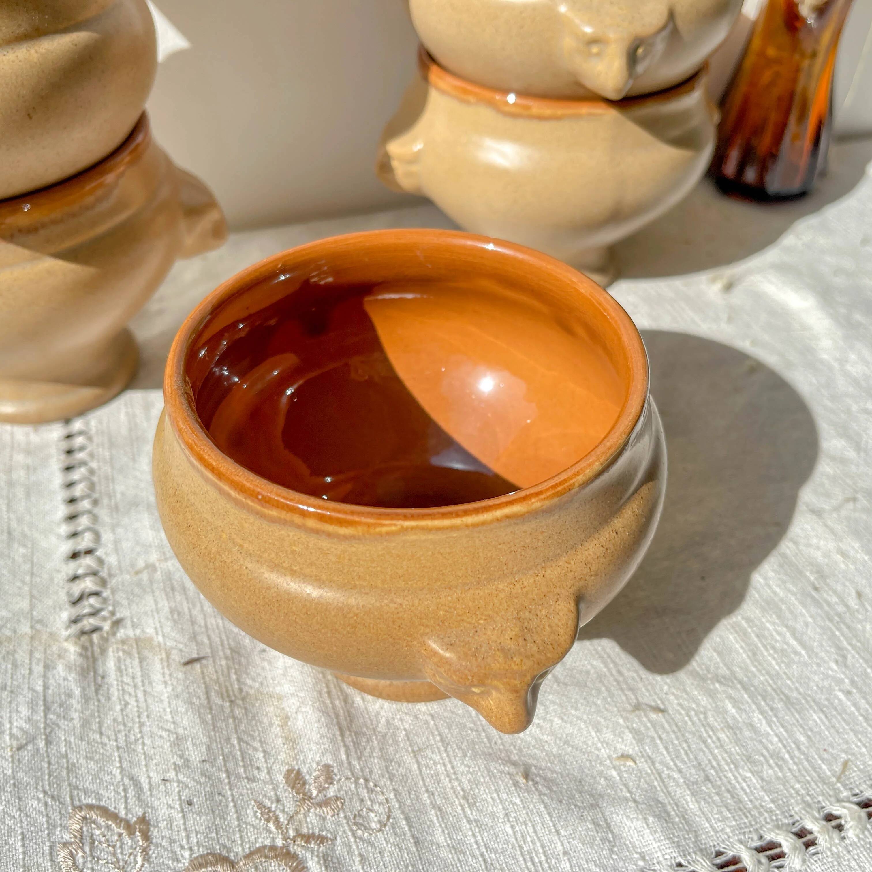 6 vintage Emile Henry ceramic lion head onion soup bowls - beige and honey, made in France