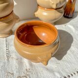 6 vintage Emile Henry ceramic lion head onion soup bowls - beige and honey, made in France