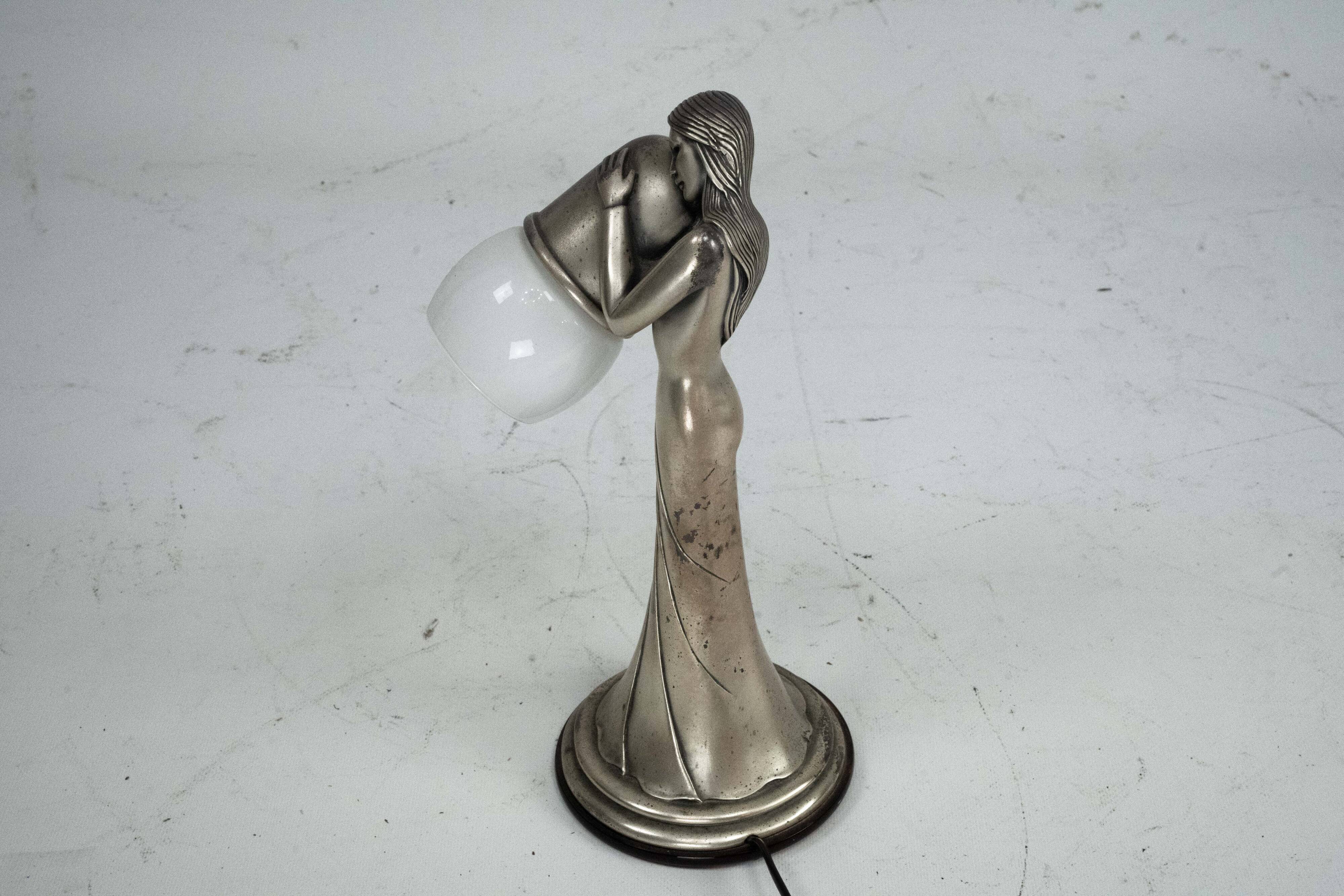 Silver Vermeil Figural Table Lamp with Opaline Glass. Italy 1960s