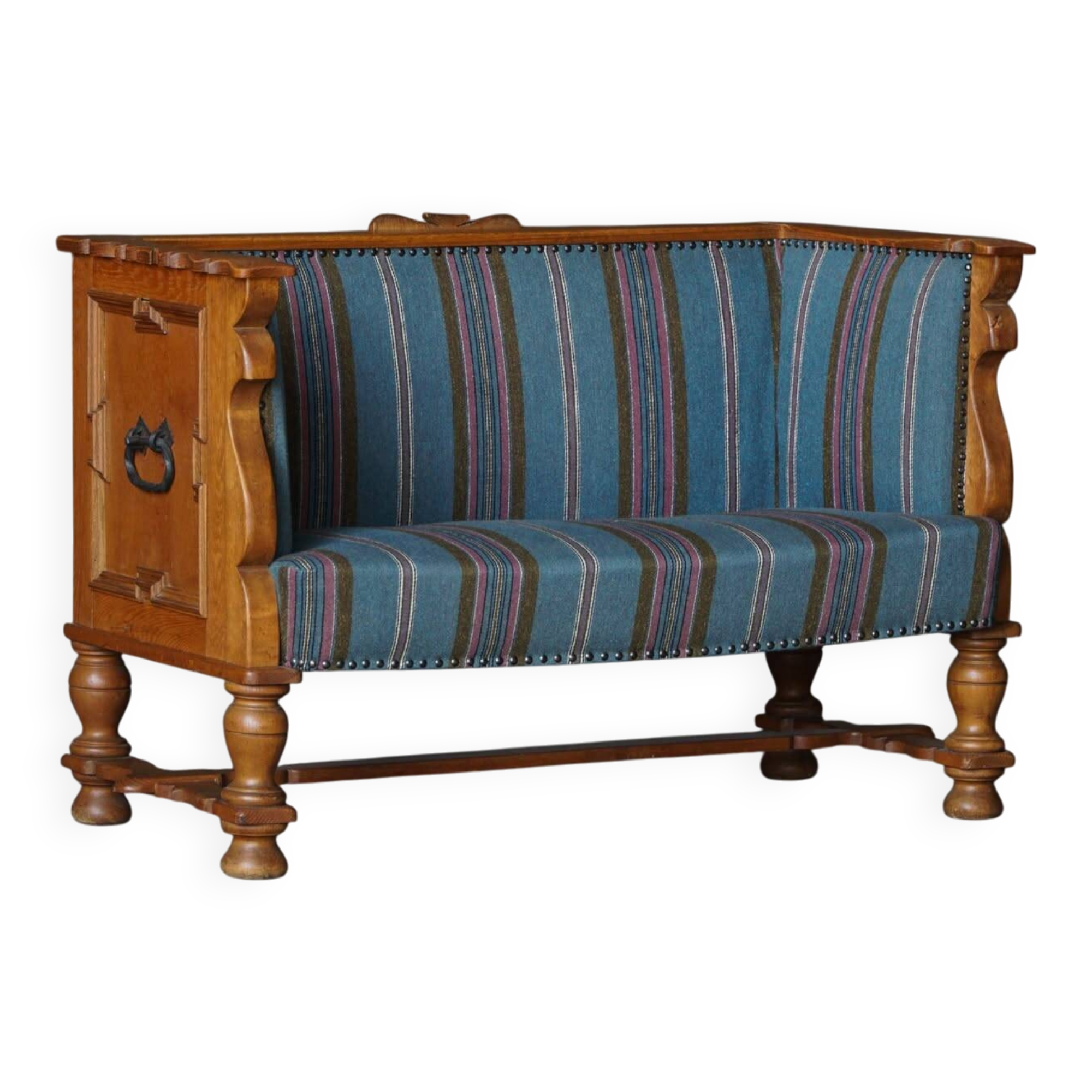 Oak canapé adorned with original upholstery, Nordic classicism, Sweden, 1930s.