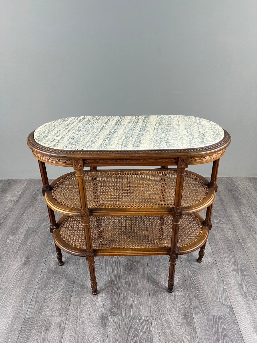 Table desserte de style Louis XVI en bois sculpté, marbre et cannage, XIXe Siècle