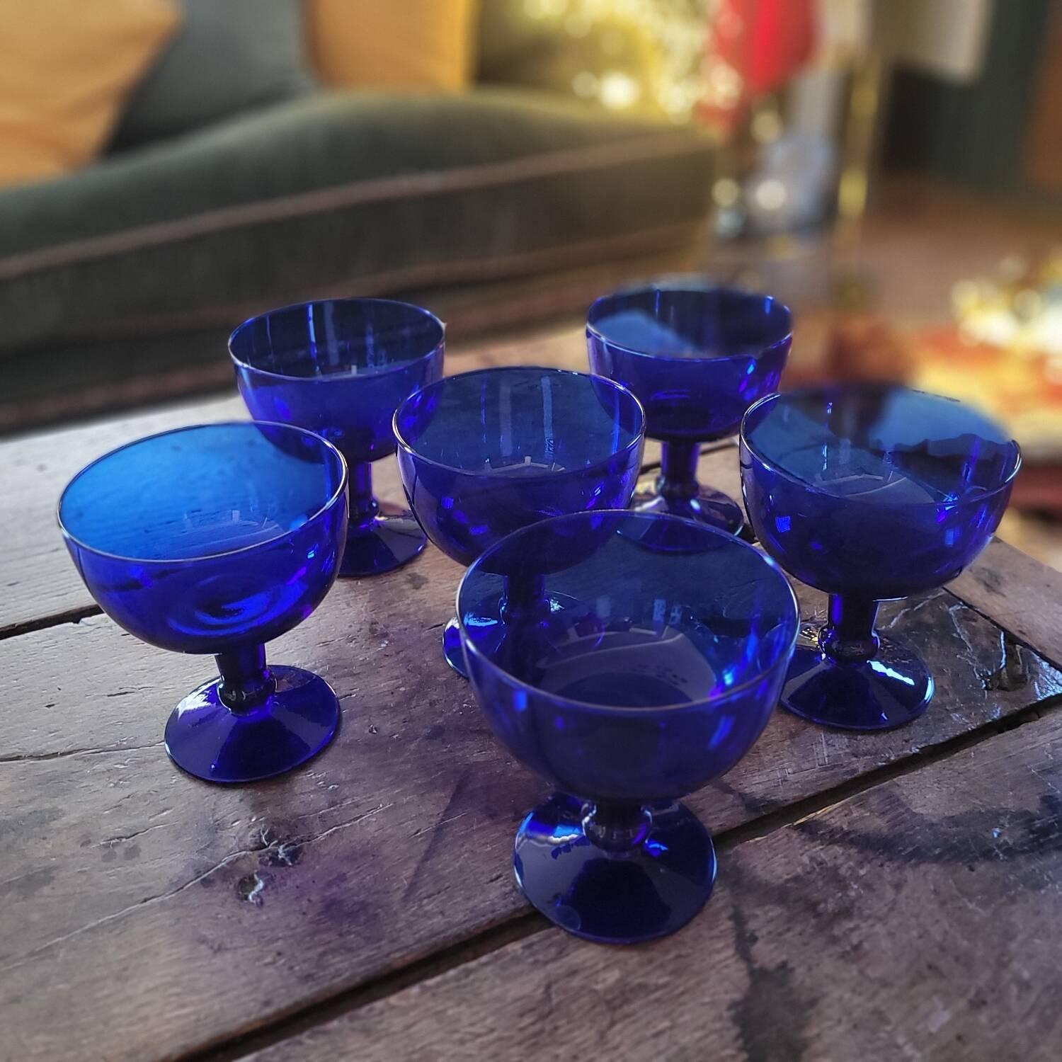 Vintage 70s-80s Stemmed Bowls in Cobalt Blue Glass