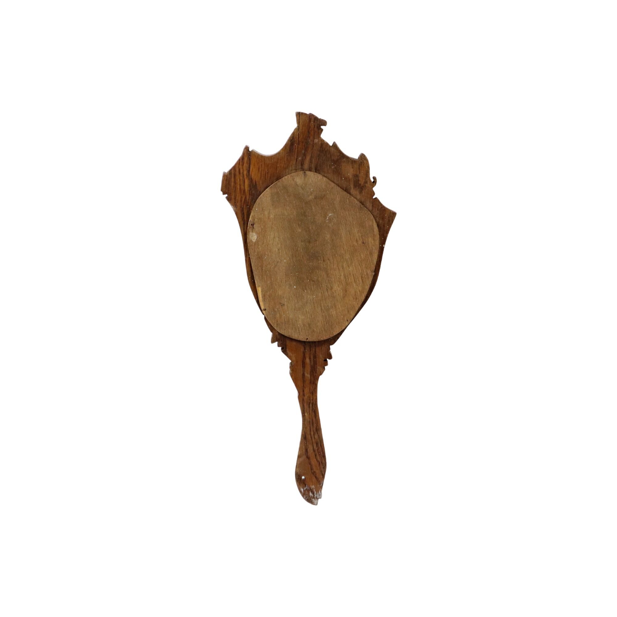 Old wooden hand mirror solid oak baroque flowers fish 39cm