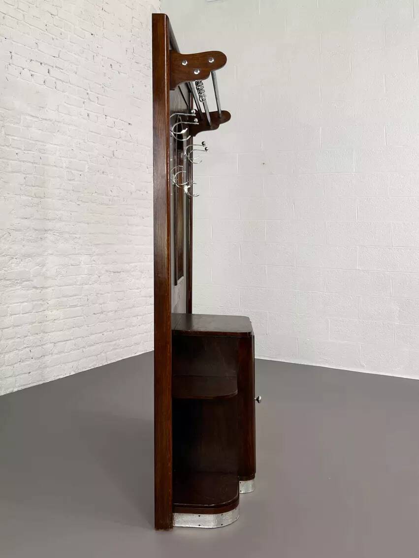 Art deco cloakroom coat rack in wood, mirror and chrome metal