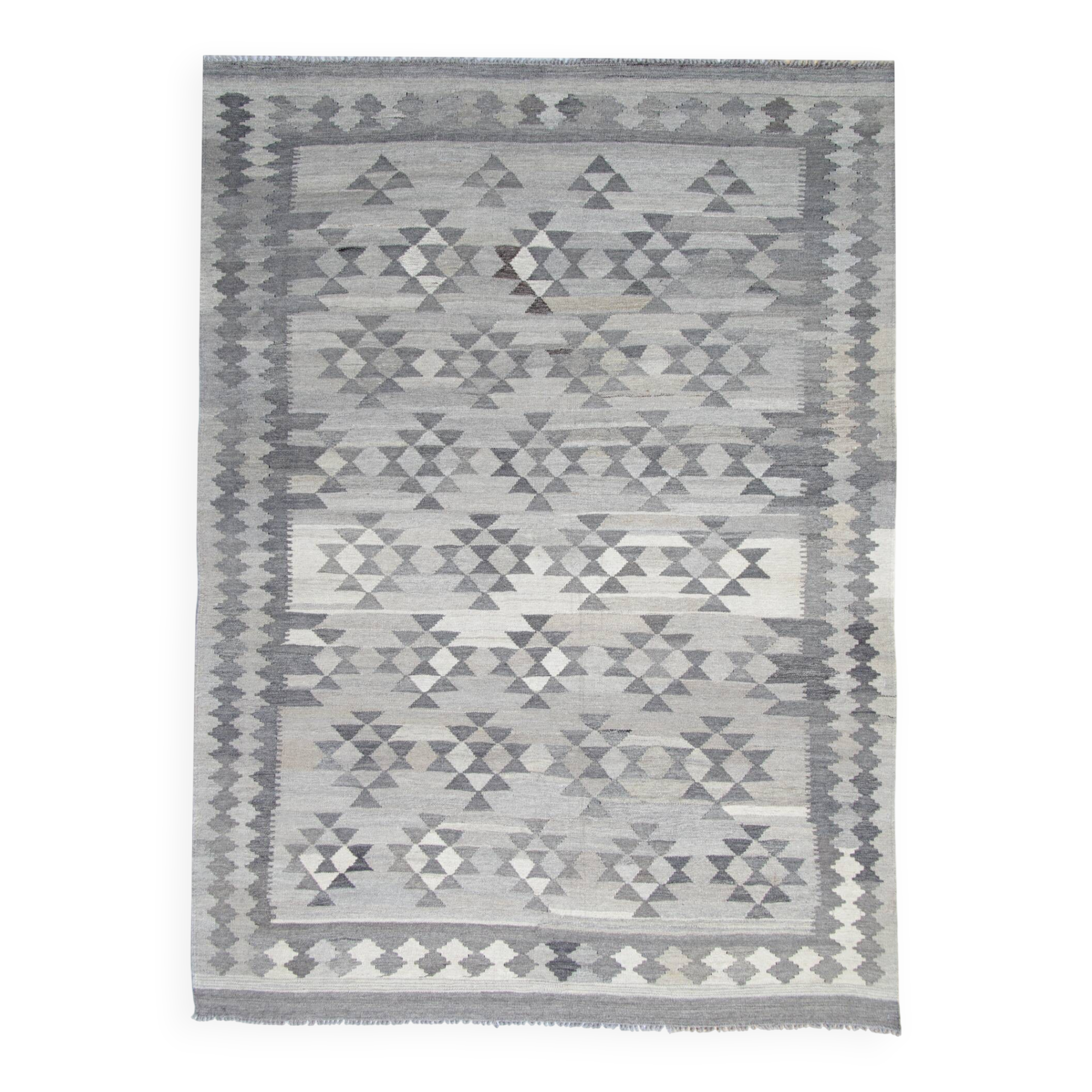Handmade Afghan Kilim Rug, Grey Wool Geometric Flatweave Carpet 239x175cm