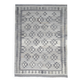 Tapis Kilim afghan fait main, en laine grise à motif géométrique tissé à plat, 239 x 175 cm