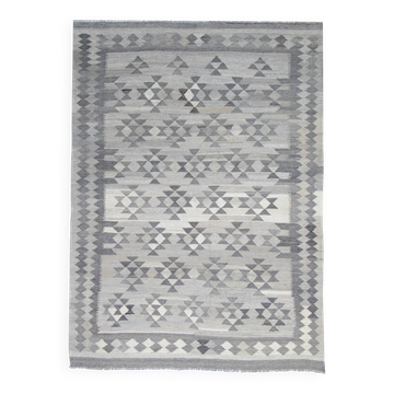 Handmade Afghan Kilim Rug, Grey Wool Geometric Flatweave Carpet 239x175cm