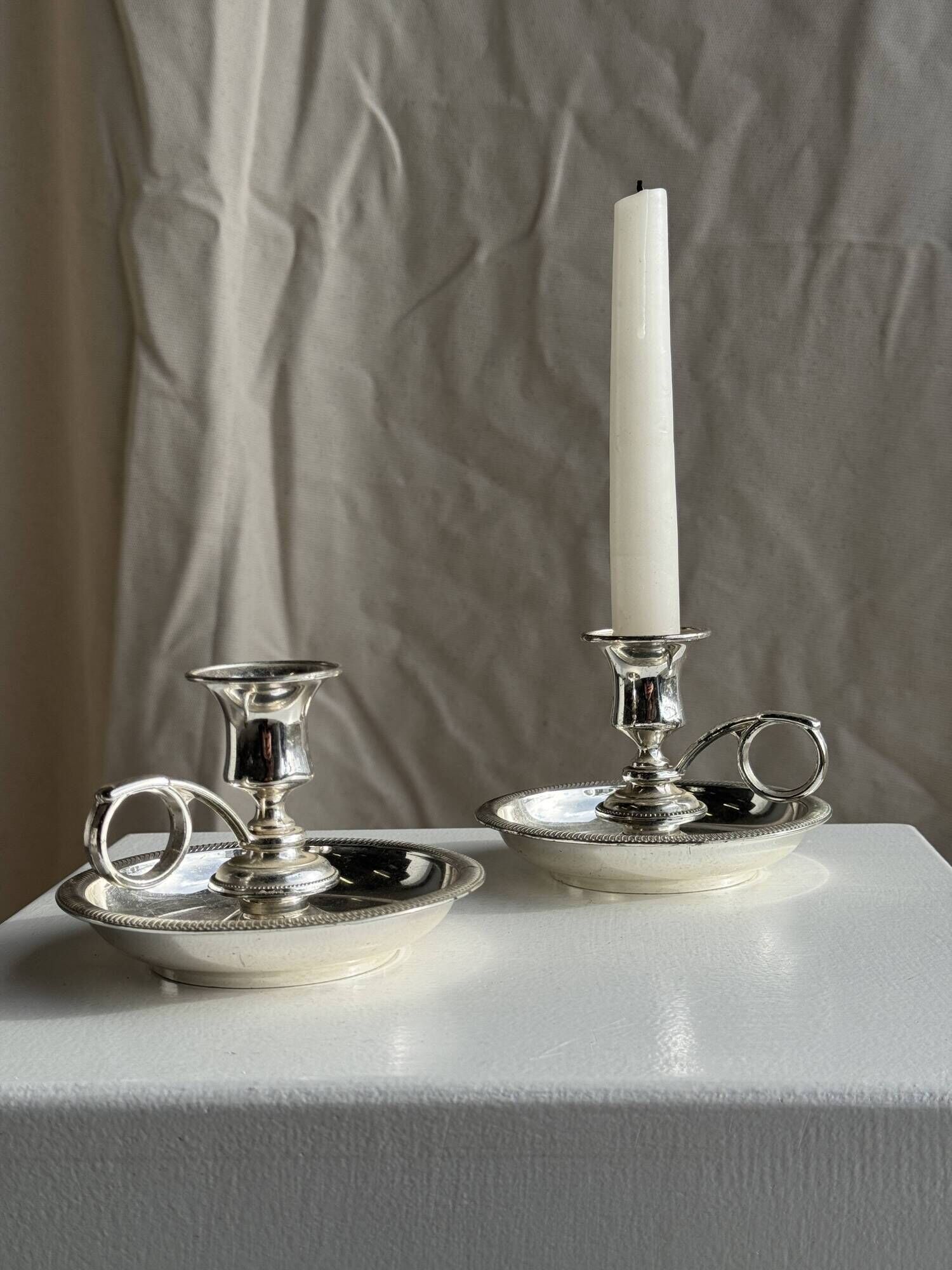 Pair of small antique silver-plated candlesticks D12 H8