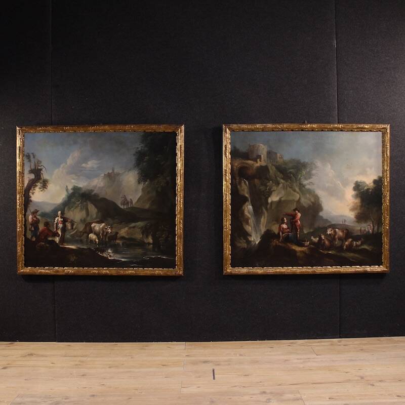 Great 18th century Italian painting, landscape with pastoral scene