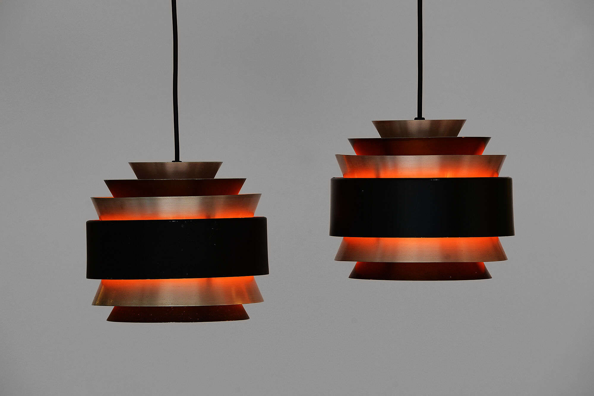 Pair of layered pendant lights in brushed aluminum. Denmark 1960s
