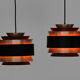 Pair of layered pendant lights in brushed aluminum. Denmark 1960s